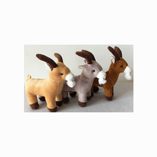 plush capricorn, standing, 3 assorted, grey, brown, beige,with white bear. 23cm