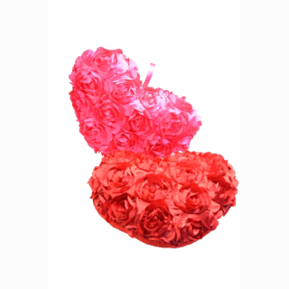 Plush heart, pink and red, with satin roses, 2 assorted, 35 cm