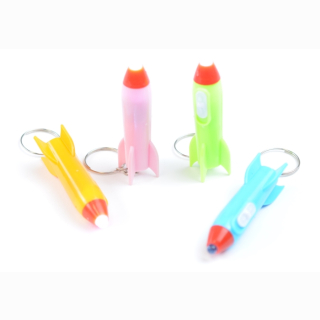 Torch, rocket, with on and off button, keyring, 3 assorted, 12 pieces in display, 6,5 cm