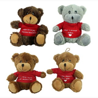 Plush bear, 3 colors assorted , 20 cm with T-shirt and 4 different German wordings