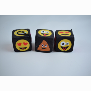 Plush dice, black, with different faces on each side, 7 cm