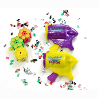 Mini Confetti Party Popper Pistol, 6 shooter with 3 pieces cartridge, in bag, 24 pieces in display, 10 cm