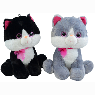 Plush cat, sitting with glitter eyes, grey/white and black/white, 2 assorted, 43 cm